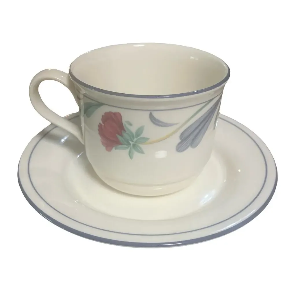 Lenox Poppies on Blue Flat Cup & Saucer Set Floral Blue Discontinued USA/France